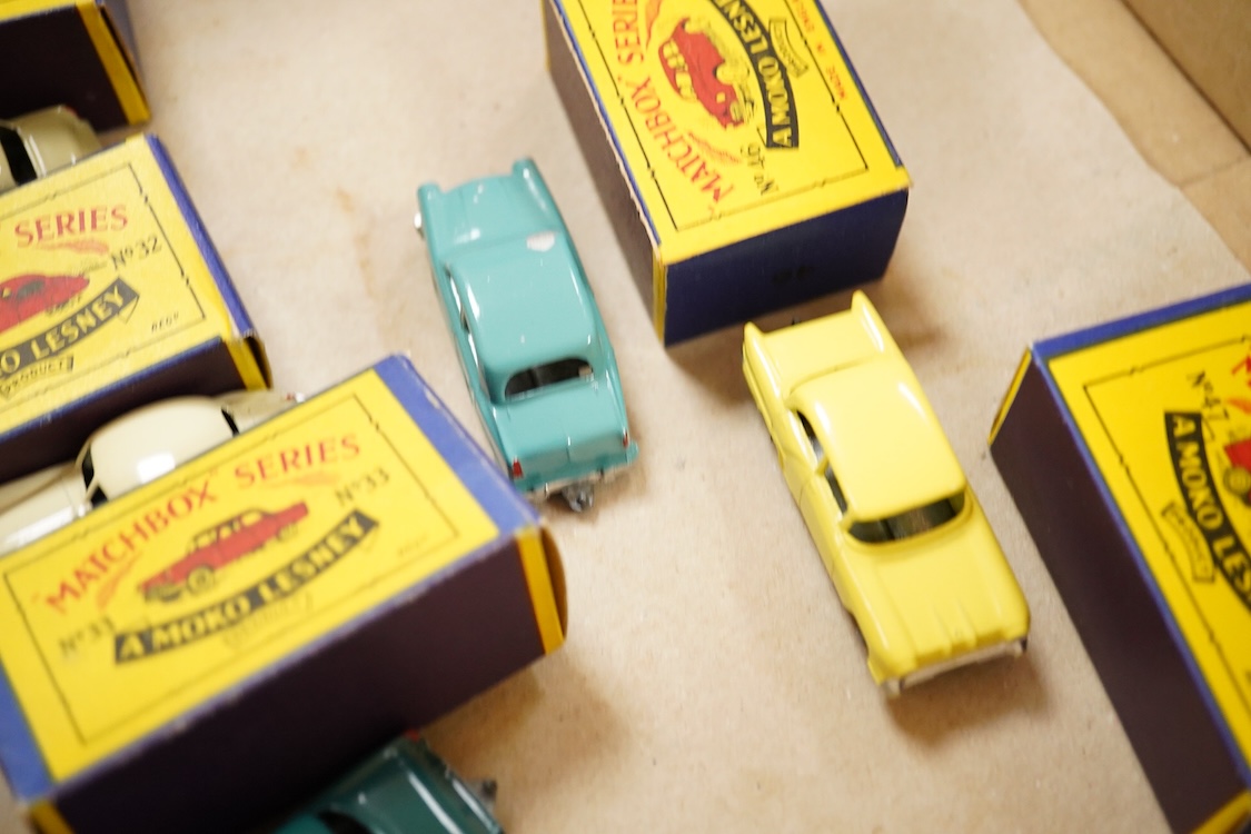 Ten boxed Matchbox Series 1-75 regular wheels vehicles; 24; Hydraulic Excavator (tape damage to one end of the box), 30; Ford Prefect, 32; Jaguar XK140, 33; Ford Zodiac, 36; Austin A50, Cambridge, 39; Ford Zodiac convert